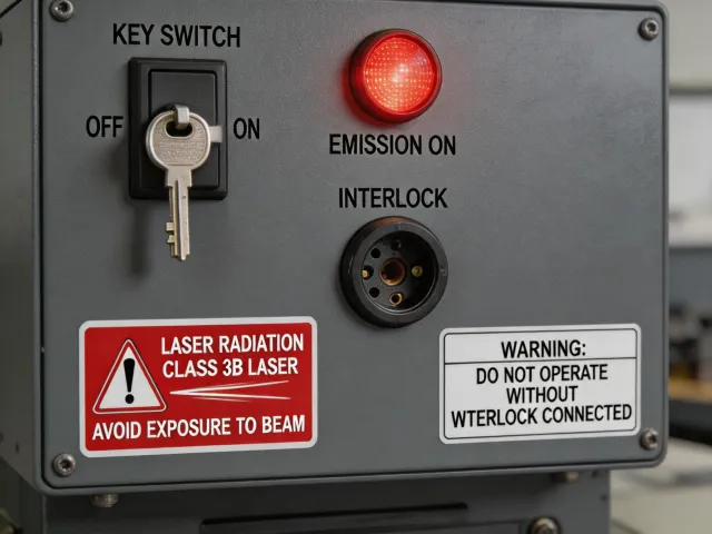 Laser safety engineering cabinet with interlock and emission indicator